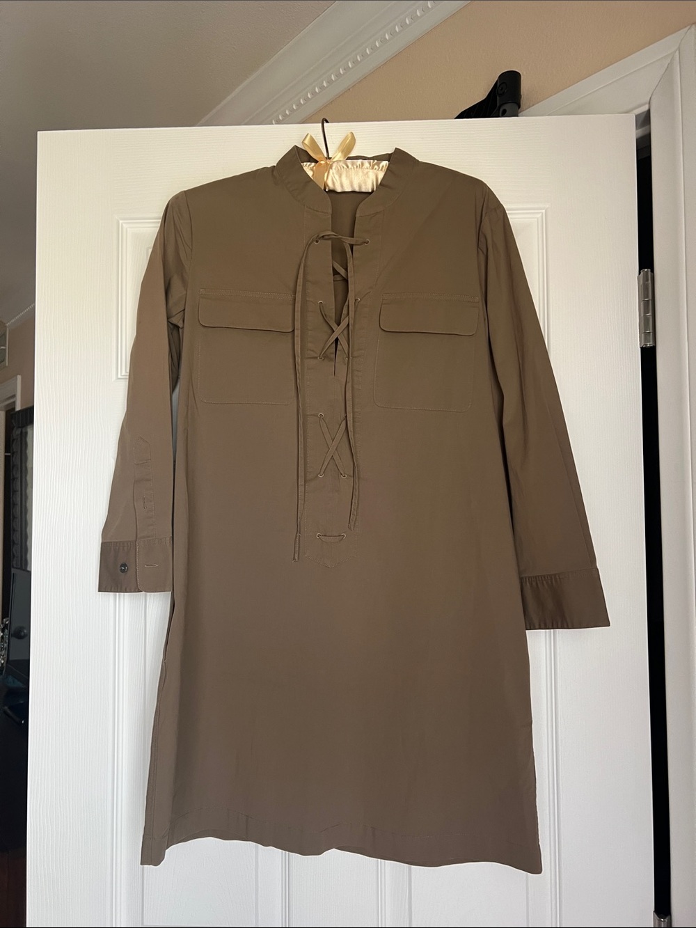 Theory Olive Lace-Up Long Sleeve Shift Dress
